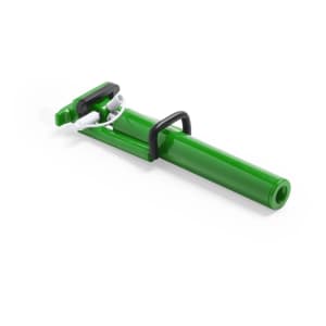 A green selfie stick with a mount and a coiled cable, featuring a black handle for grip.