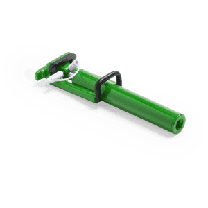 A green selfie stick with a phone holder and a connected headphone jack. It has a compact design and a sturdy grip.