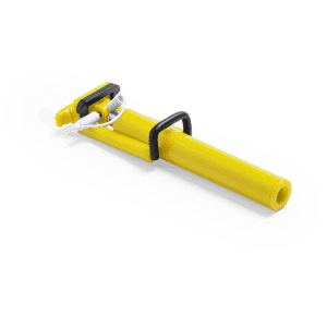 A yellow selfie stick with a cable and a black holder designed for mobile phones.