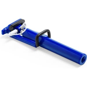 A blue selfie stick with a grip handle and a cable for connecting to a phone. It features a logo.