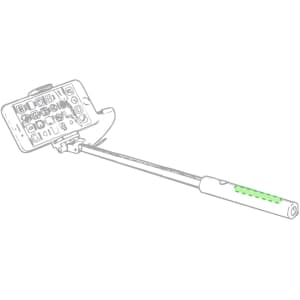A selfie stick with a green handle and a phone holder, featuring a simple design and a branding element.