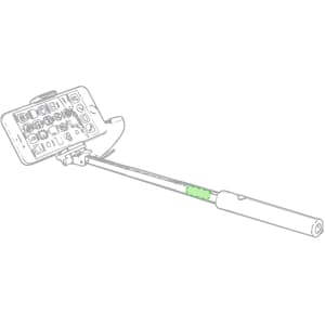 A selfie stick with a green accent, featuring a holder for a smartphone at the top and a handle at the bottom.