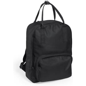 A black backpack featuring a front pocket and dual adjustable straps, with a logo on the side.