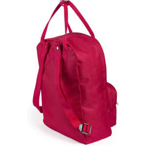A red backpack with adjustable straps and a side pocket, featuring a logo on one side.