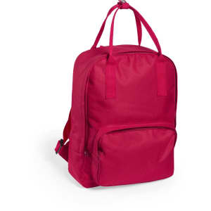 A red backpack with adjustable straps and a front pocket, featuring a logo.
