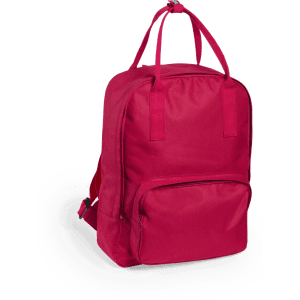 A red Soken Backpack featuring a front pocket and adjustable shoulder straps. It has a simple design with branding.