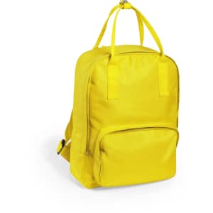A yellow backpack featuring a front pocket and adjustable straps, with a handle at the top for easy carrying.