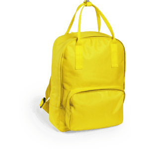 A yellow backpack with a front pocket and adjustable straps, featuring a handle on top. It has a logo.