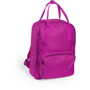 A pink backpack with shoulder straps and a front zip pocket, featuring a branded logo.