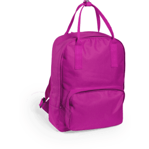 A bright pink backpack with two shoulder straps and a front pocket, featuring a logo.