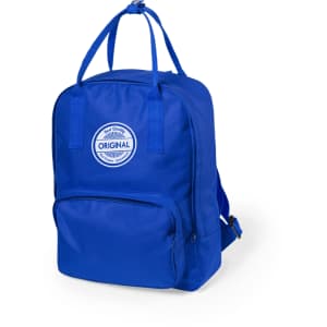 A bright blue backpack with a front pocket and logo, featuring two adjustable straps and a carrying handle.