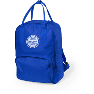 A blue backpack with a front pocket and a circular logo. It features dual shoulder straps and a top handle.