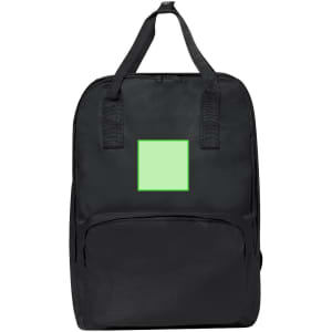 A black backpack featuring a front zip pocket and a square-shaped area in mint green, complete with straps and handle.