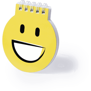 A smiley-faced yellow notebook featuring a spiral binding and a logo on the cover.