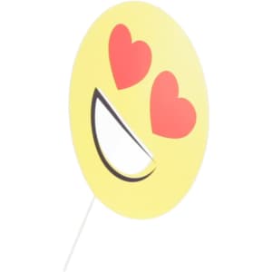 A yellow emoji face with heart eyes and a big smile, mounted on a stick. It features a simplistic design.