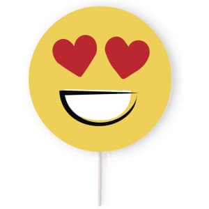 A circular emoji fan featuring a smiling face with heart eyes, predominantly yellow with red hearts.