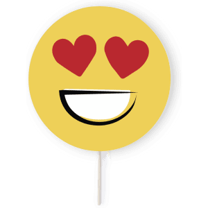 A circular hand-held fan featuring a smiling emoji with heart eyes, primarily in yellow with red hearts.