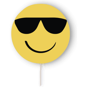 A yellow smiley face with black sunglasses on a round fan, featuring a white handle. The product has a branding logo.