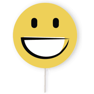 A yellow smiley face fan with a white handle, featuring a big smiling expression.