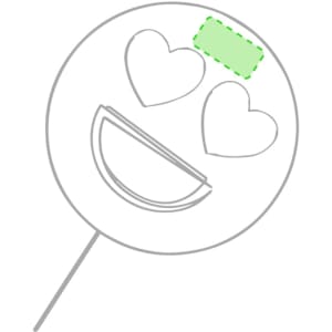 A round, white fan featuring a smiling face design with two hearts, attached to a stick.