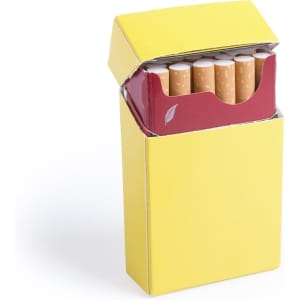 A yellow cigarette pack cover with a red interior, containing cigarettes. The product features a logo.
