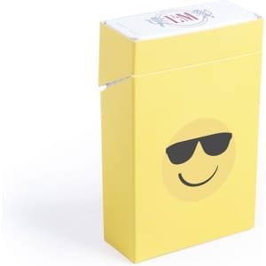 A yellow cigarette pack cover featuring a smiling emoji with sunglasses. Includes a logo on the front.