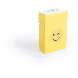 A yellow cigarette pack cover with a smiley face design and a logo on the top.