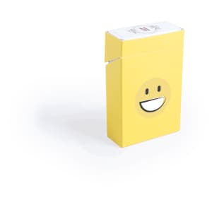 A yellow cigarette pack cover featuring a smiling face design and a logo on the top.