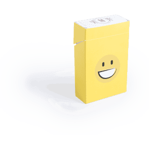 A yellow cigarette pack cover with a smiling face design and a logo on top.