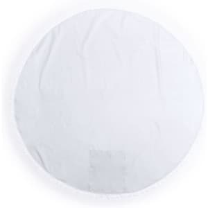 A round, white beach mat featuring a fringed edge, suitable for outdoor leisure activities.