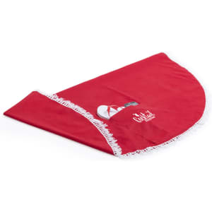 A red beach mat with fringed edges, featuring a logo on the surface, ideal for leisure activities outdoors.