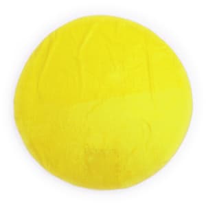 A round, bright yellow beach mat with a smooth texture and an edge finish, featuring a logo.