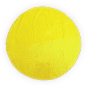 A round beach mat in bright yellow with a white border, featuring a logo.