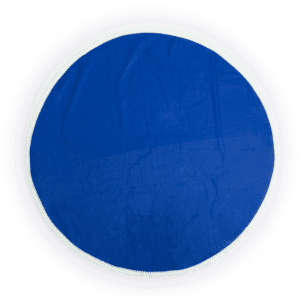 A circular beach mat with a blue centre and white trim, featuring a logo.