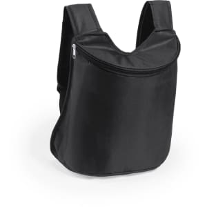 A black cooler bag backpack with a zippered compartment and adjustable straps. It features a logo on the front.
