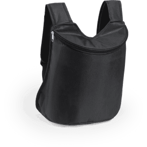 A black cooler bag backpack with a zippered front compartment and padded shoulder straps.