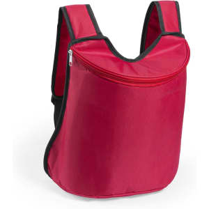 A red cooler bag backpack with a zippered top and black accents, featuring a simple design and a logo.