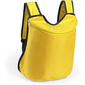 A yellow cooler bag backpack with a zippered compartment, featuring black accents and a simple design.