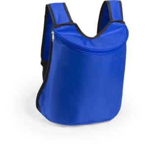 A blue cooler bag backpack with zippers, featuring a sleek design and a logo on the surface.