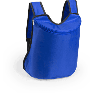 A blue cooler bag backpack with a zip closure and a simple design, featuring a logo on one side.