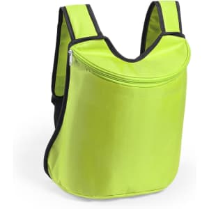 A bright green cooler backpack with black accents, featuring a zippered compartment and adjustable straps.