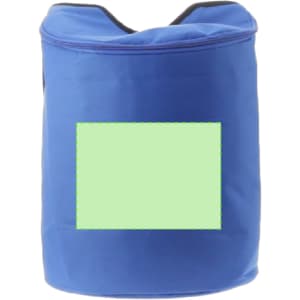A blue cooler bag backpack with a top opening and a blank area, featuring a logo on one side.