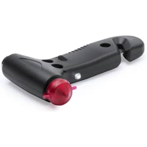 A black emergency hammer with a red handle, featuring a built-in flashlight and a safety belt cutter.
