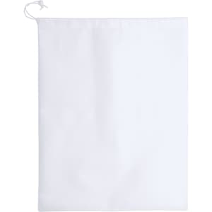 A white drawstring bag with a simple design and a cord for closure. It has a logo on the front.