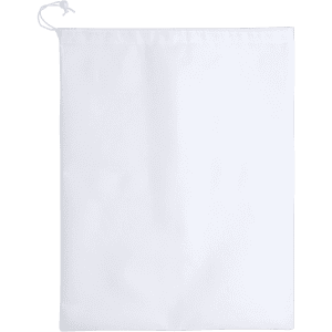 A white drawstring bag featuring a simple design and a cord closure, with a branding logo on the surface.