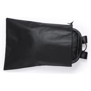 A black drawstring bag with a smooth exterior and straps, featuring a logo on the front.