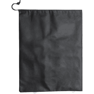 A black drawstring bag with a simple design and a drawstring closure, featuring a logo.