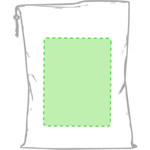 A white drawstring bag with a green outline on the front, featuring a logo or branding.