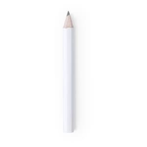 A grey-lead pencil with a white barrel, featuring a sharpened tip and a logo.