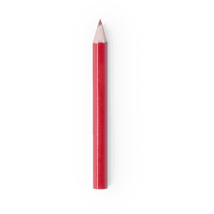 A red pencil with a sharpened tip, featuring a simple design and a logo on the body.